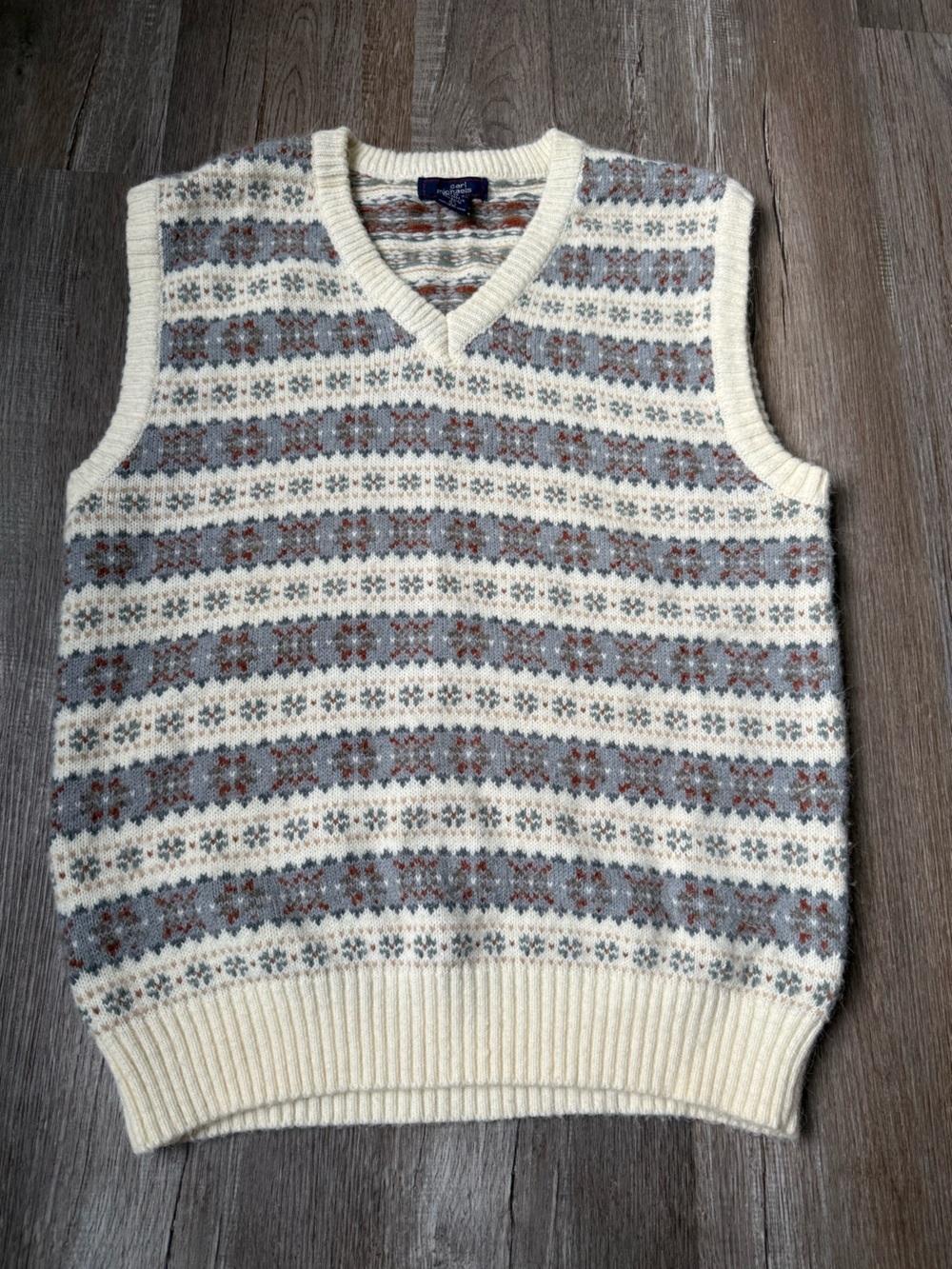 VTG CARL MICHAELS Fair Isle Knit Sweater Vest Pattern Beige Multi Color Size L - Picture 2 of 6